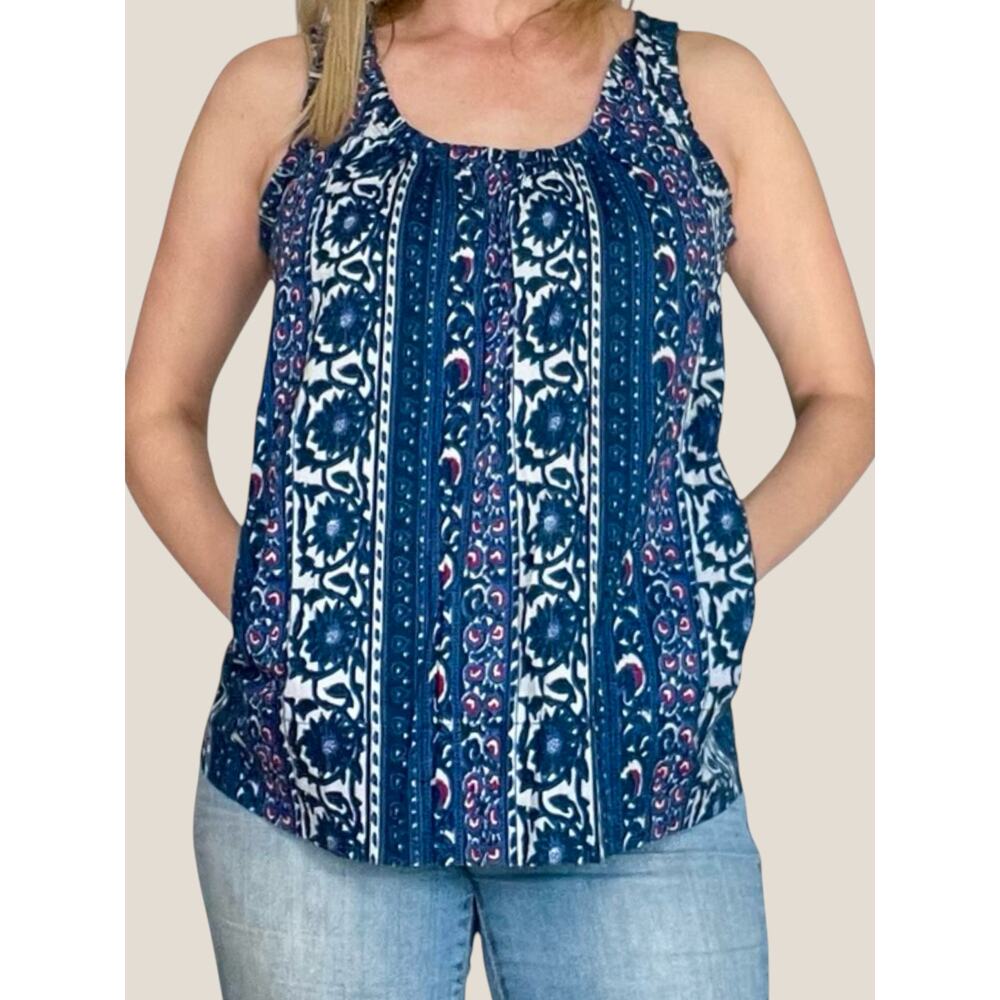 Calvin Klein Floral Tank with Pockets Navy Cotton Medium Peasant Boho